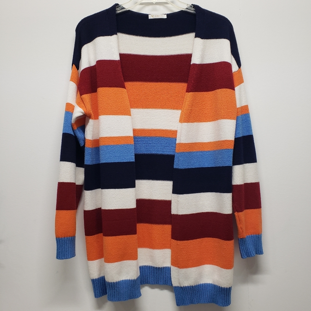 Kirundo Multicolor Striped Open Front Cardigan Sweater Size L Colorblock